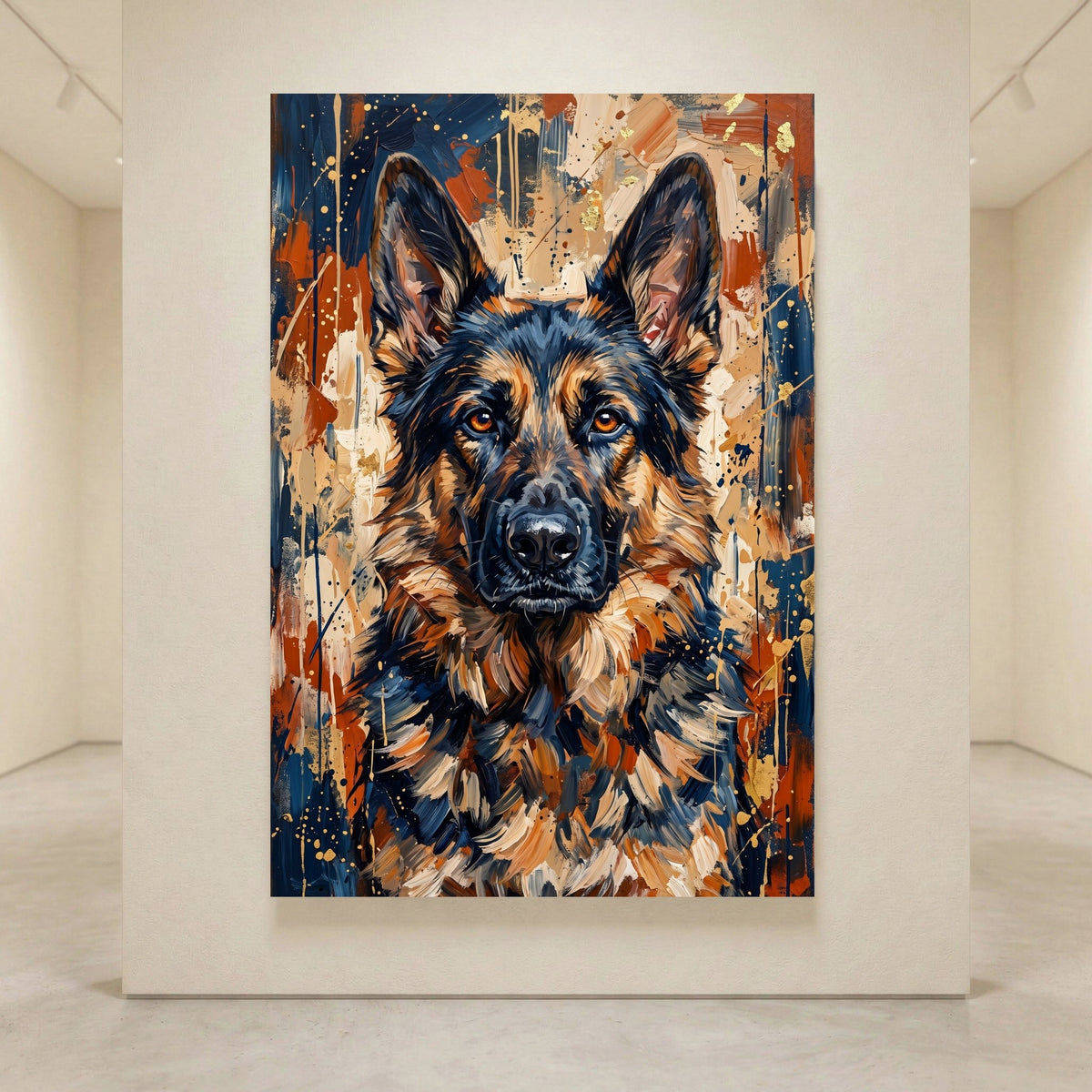 Abstract German Shepherd canvas print with expressive brushstrokes, featuring blue, orange, black, and gold details.