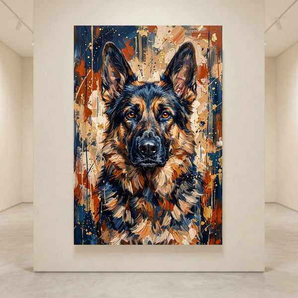 Abstract German Shepherd canvas print with expressive brushstrokes, featuring blue, orange, black, and gold details.