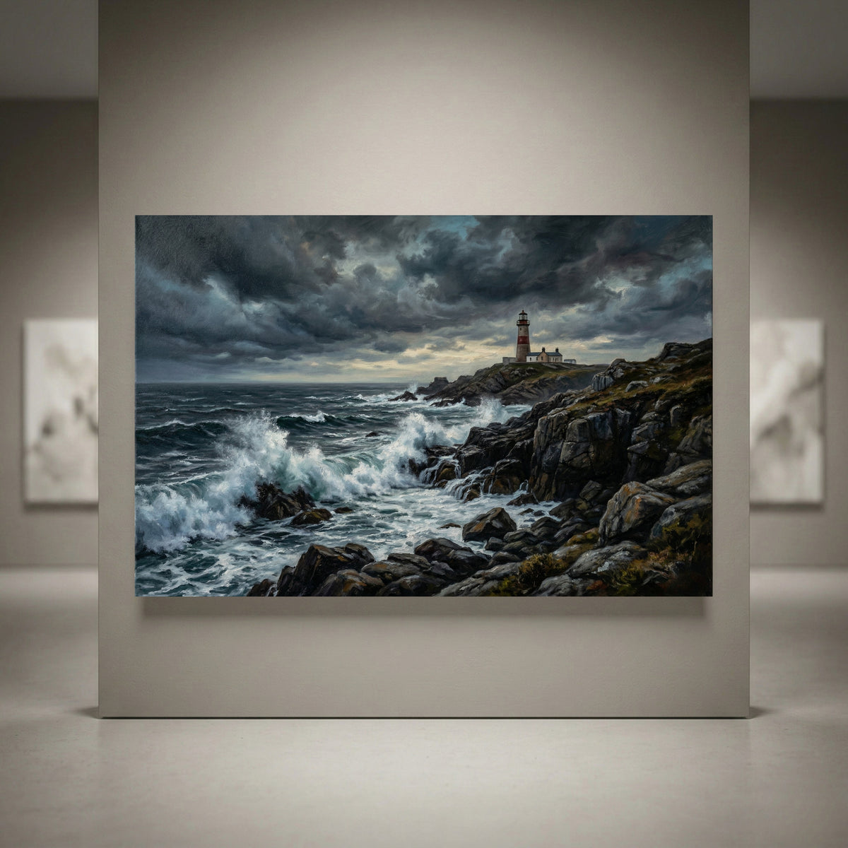 Stormy Lighthouse Stretched Canvas Wall Art, Dramatic Seascape Print, Coastal Living Room Decor
