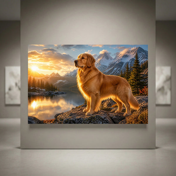 Golden Retriever dog canvas print at sunset by a mountain lake, featuring snow-capped peaks and pine trees.