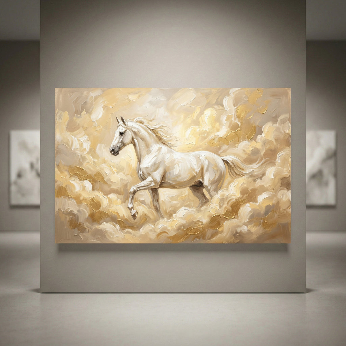 Oil painting style canvas print of a majestic white horse galloping through golden clouds.