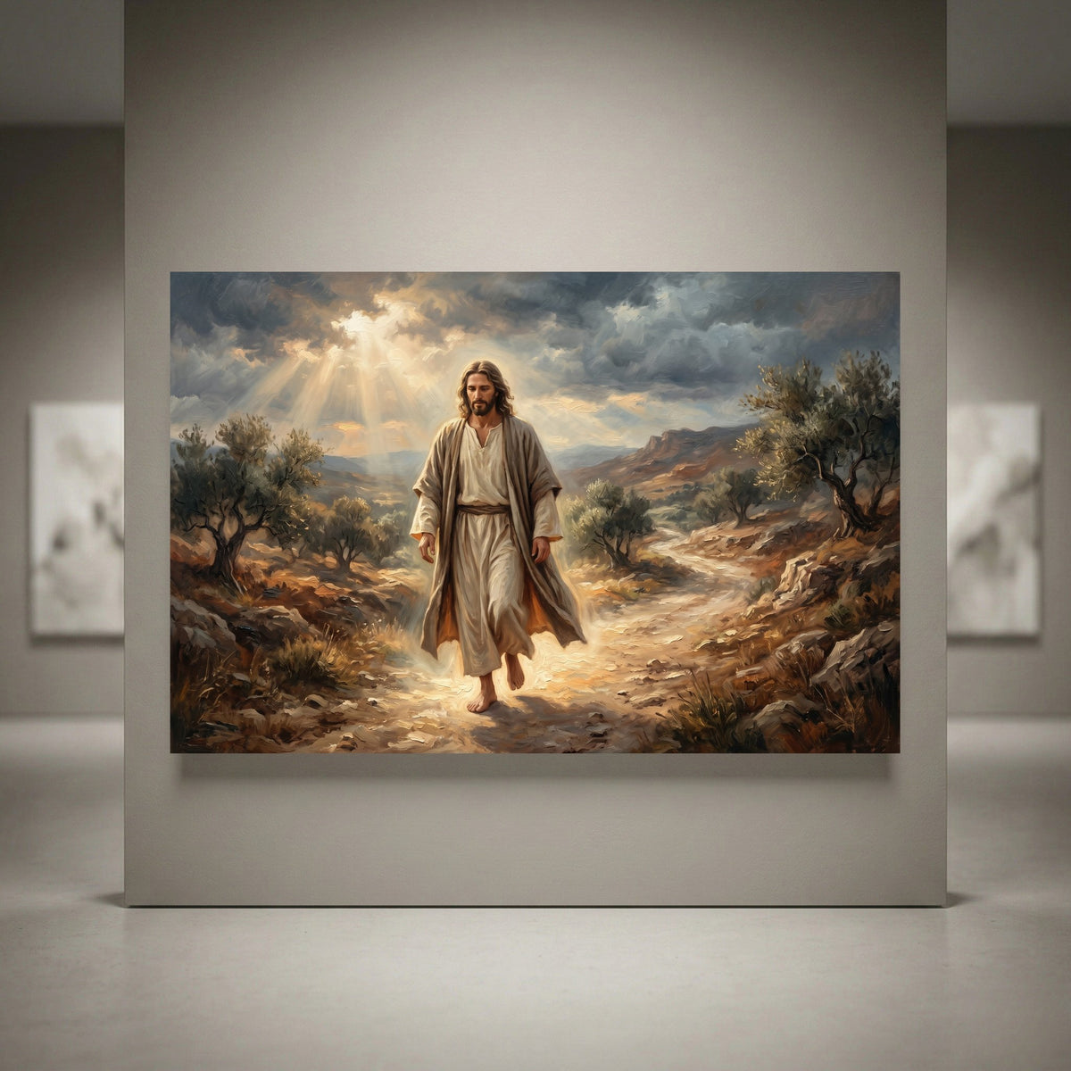 Jesus Christ walking on a path with olive trees, mountains, and sun rays through clouds. Oil painting style canvas print.