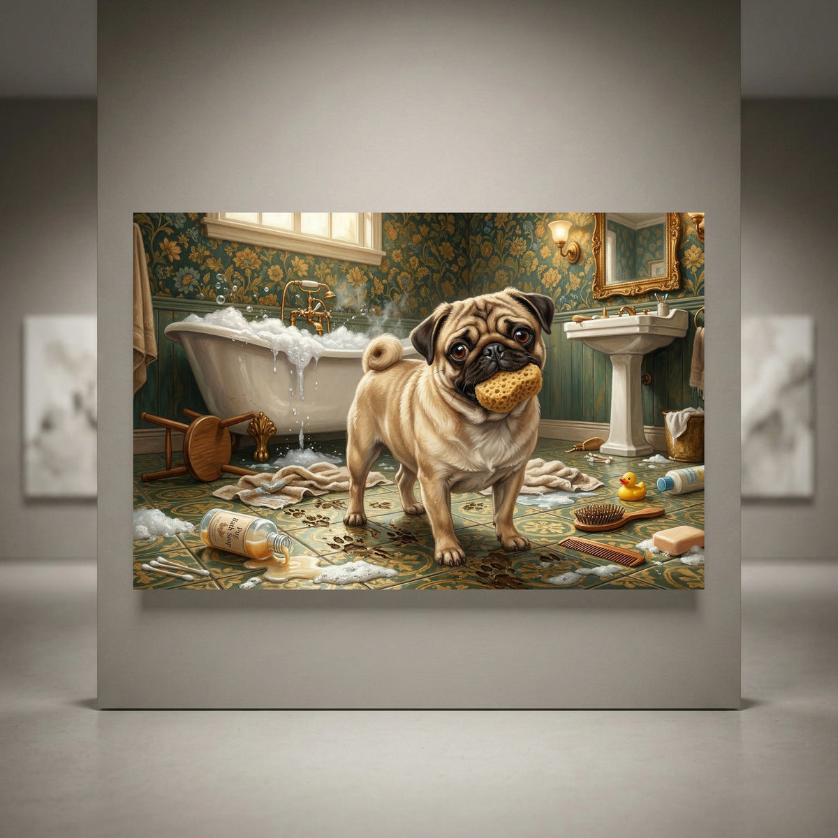 Pug Bathroom Stretched Canvas Wall Art, Humorous Dog Print, Vintage Powder Room Decor