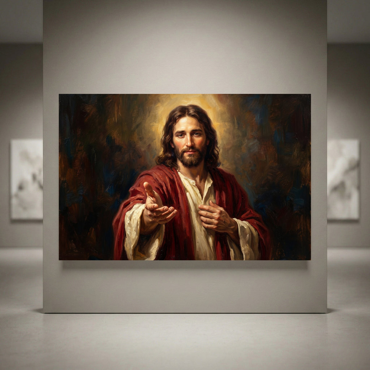 Jesus Christ portrait canvas print with halo and outstretched hand, featuring an inspirational oil painting style artwork.