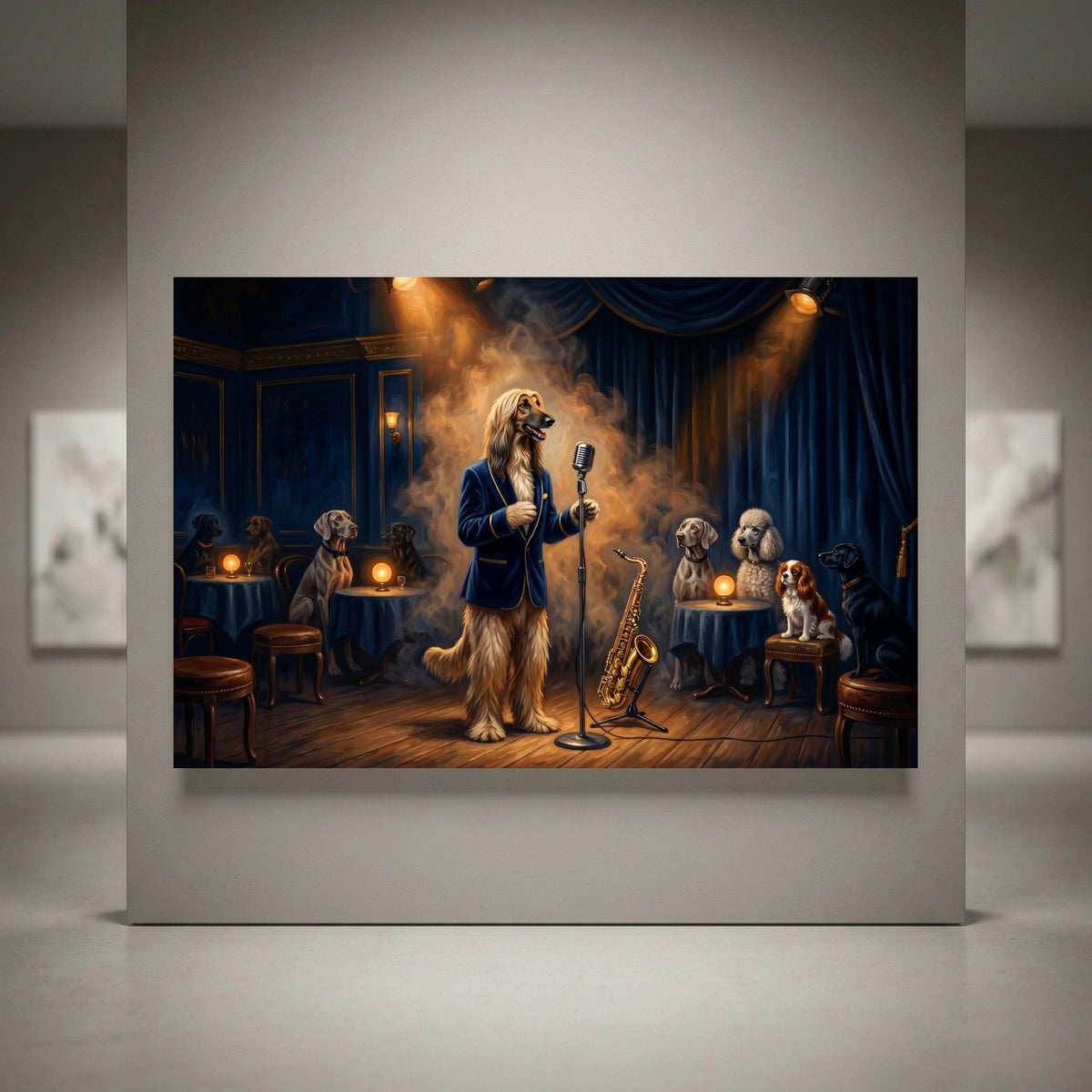 Afghan Hound dog in a blue jacket singing into a microphone on stage, with a saxophone and other dogs in a jazz club, oil painting style canvas print.