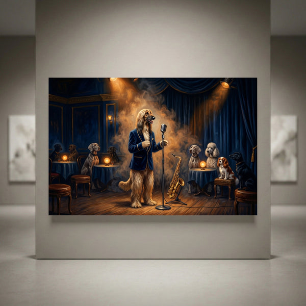 Afghan Hound dog in a blue jacket singing into a microphone on stage, with a saxophone and other dogs in a jazz club, oil painting style canvas print.
