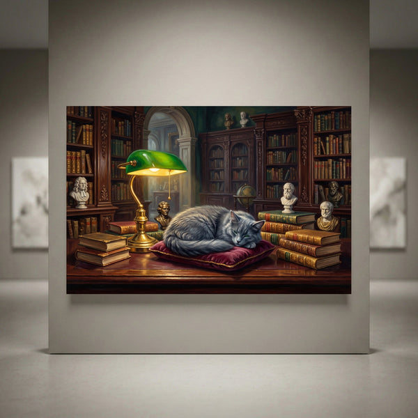 Classical grey cat sleeping on a red cushion in a rich library with books, busts, and a green lamp canvas print.