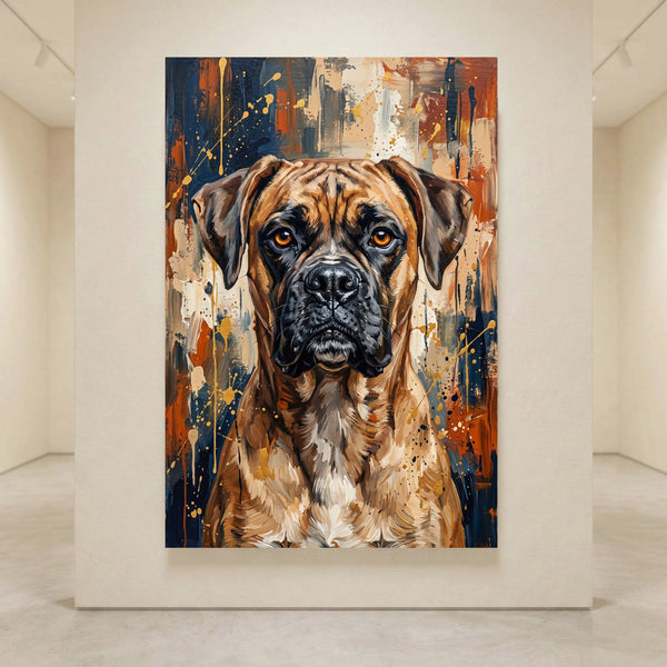 Abstract Boxer dog canvas print with expressive eyes, bold brushstrokes, vibrant blues, oranges, and gold paint splatters.