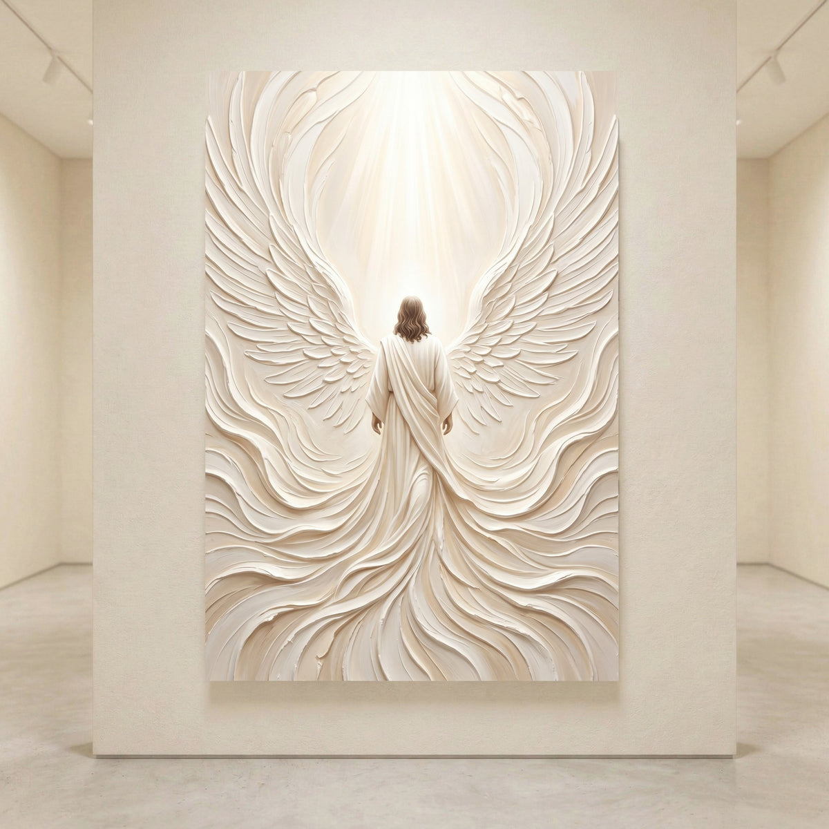 Spiritual canvas print of an angelic figure with large textured wings and glowing light, in cream and white tones.