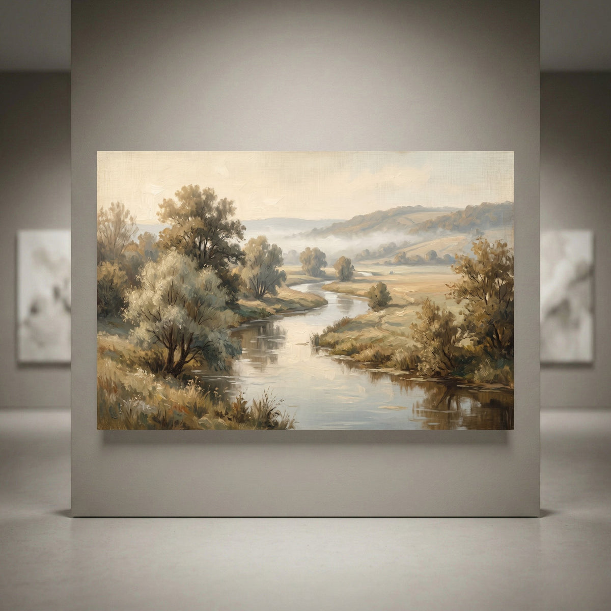 Serene landscape canvas print showing a winding river, misty hills, and lush trees in an oil painting style.