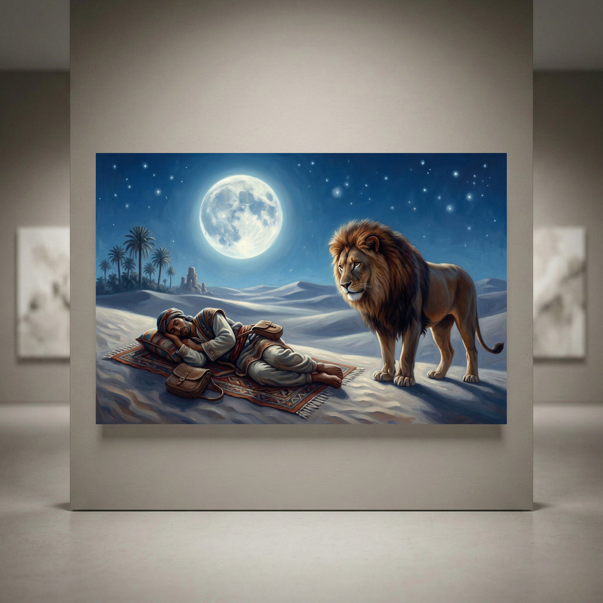 Moonlit desert canvas print of a man sleeping on a rug with a majestic lion watching over him, stars and palm trees.