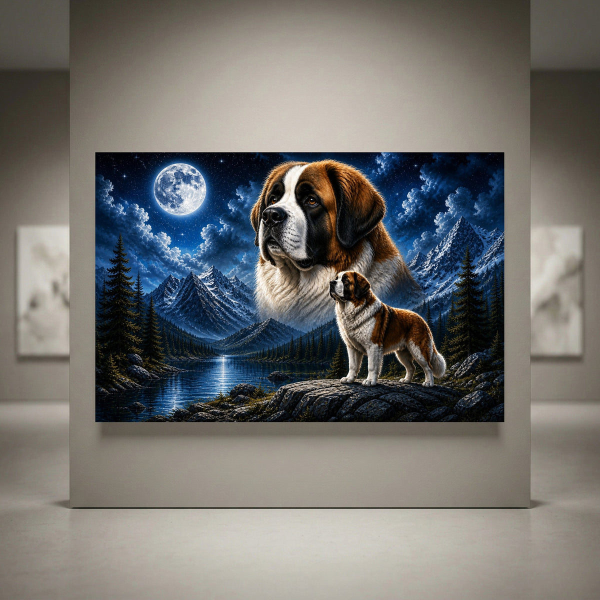 Saint Bernard dog & puppy canvas print, moonlit mountain lake scene, full moon, pine trees, detailed majestic canine art.