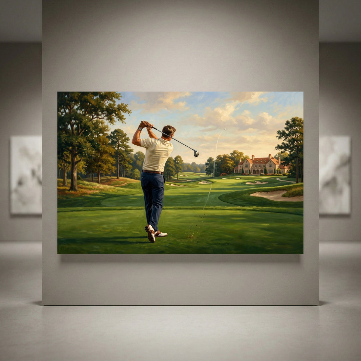 Oil painting style canvas print of a golfer mid-swing on a green course with trees and clubhouse under a sunset sky.