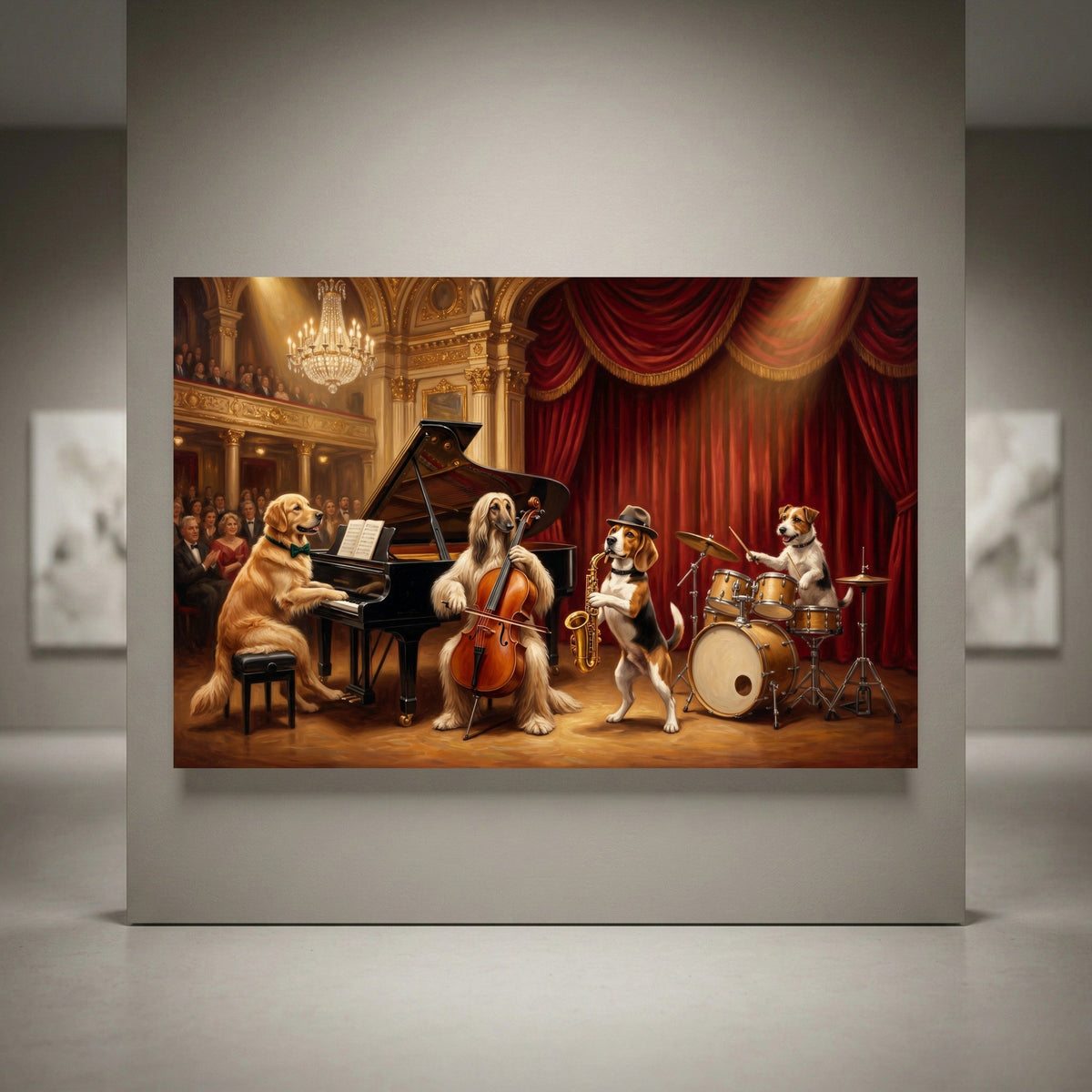 Whimsical dog orchestra in a grand hall canvas print, featuring a Golden Retriever, Afghan Hound, Beagle, and Jack Russell.