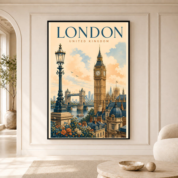 Vintage London Big Ben Tower Bridge Illustration Style Canvas Print Wall Art, Retro Cityscape Decor - Mockup Display 1