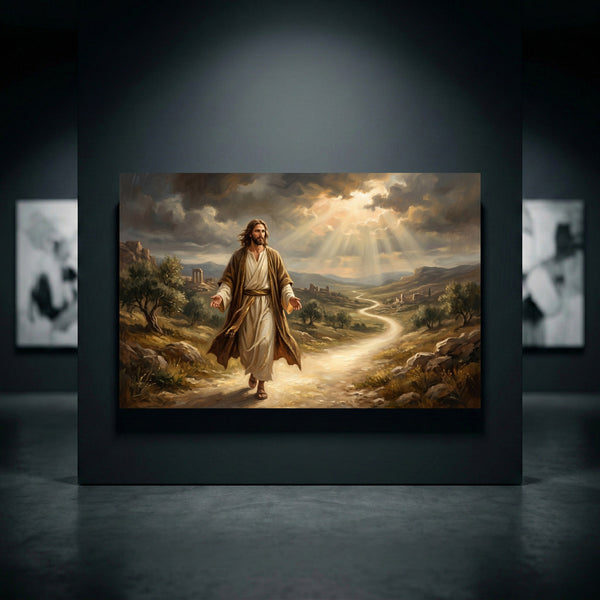 Oil painting style canvas print of Jesus walking a path, bathed in divine light through clouds over an ancient landscape.
