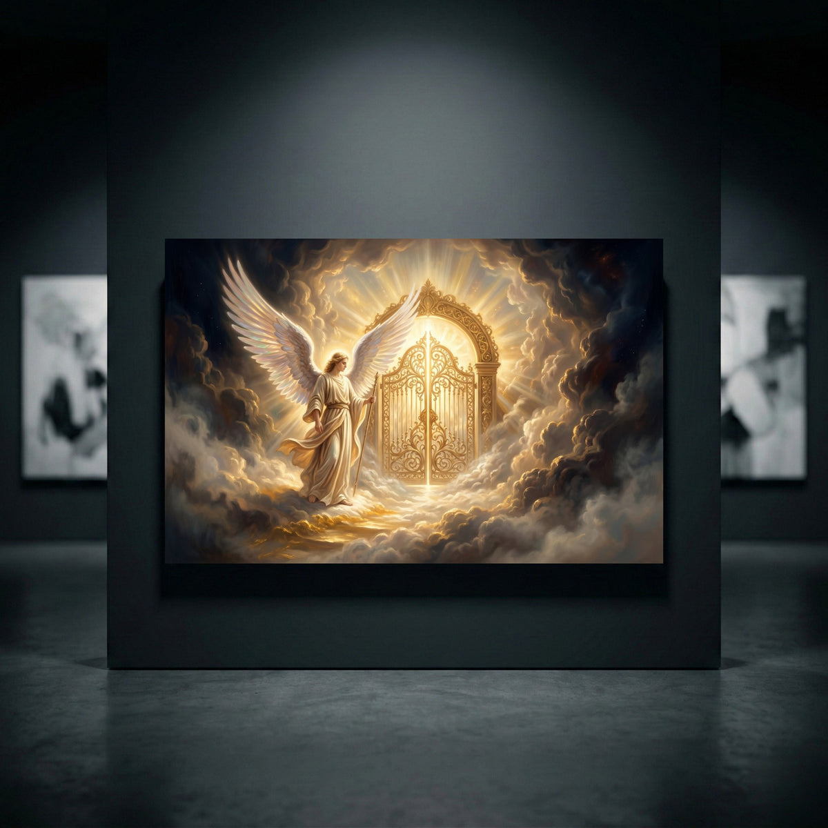 Angel at golden gates canvas print, heavenly light, divine clouds, religious art, spiritual decor, fantasy artwork.