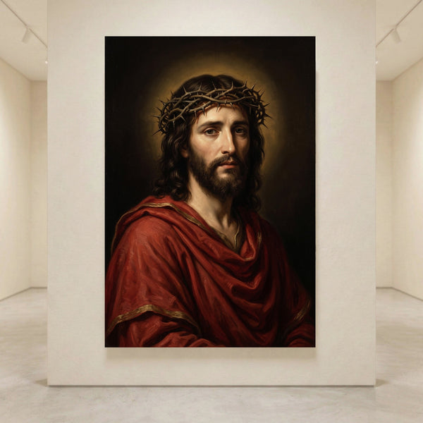 Jesus Christ portrait with crown of thorns in a classic oil painting style canvas print, warm halo, red robe.