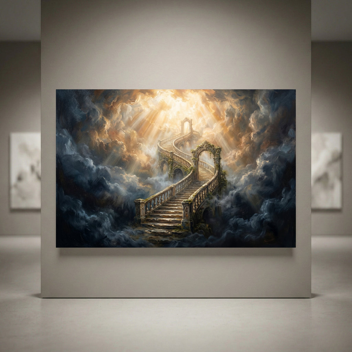 Oil painting style canvas print of a majestic winding stairway ascending through bright, golden clouds and divine light.