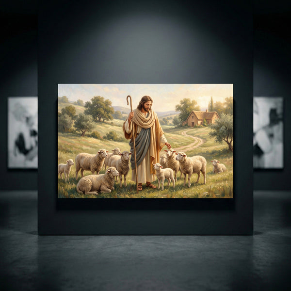 Good Shepherd Jesus Christ canvas print with sheep in a pastoral landscape, oil painting style, serene biblical scene.