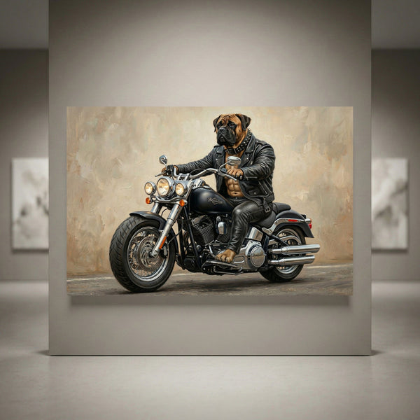 Bullmastiff dog in leather jacket riding a black motorcycle. Oil painting style canvas print with detailed dog and bike.