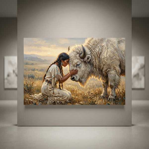 Native American woman kneels, touching a white buffalo's face in a golden field, rich impasto oil painting style canvas print.