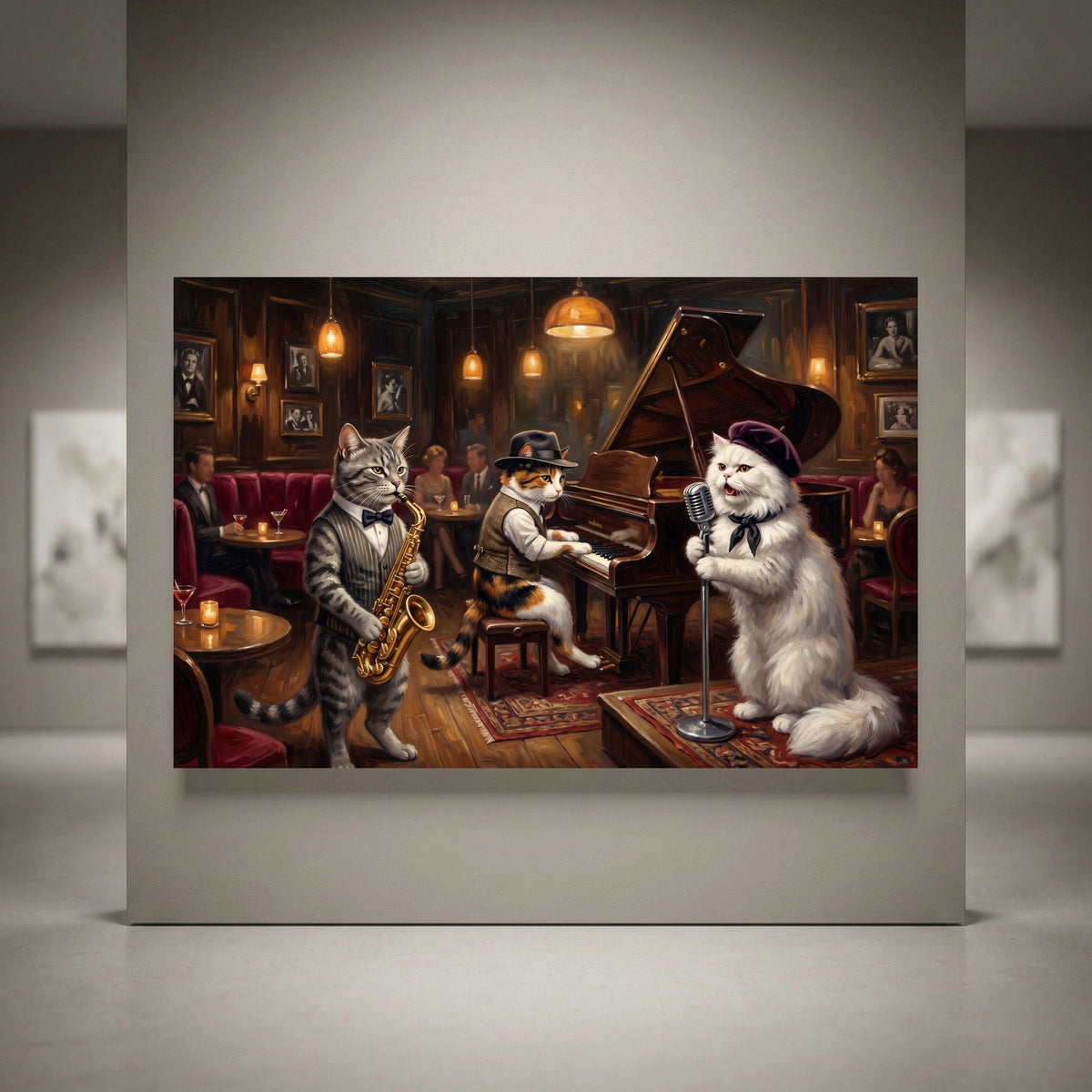 Canvas print of three jazz cats: tabby playing saxophone, calico at piano, white cat singing, in a cozy bar scene.