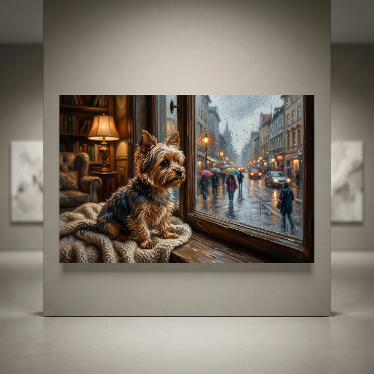 Yorkshire Terrier Stretched Canvas Wall Art, Rainy Window Dog Print, Cozy Living Room Decor