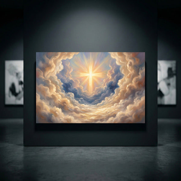 Celestial cross canvas print, glowing golden light in vibrant oil painting style clouds, spiritual wall art for home decor.