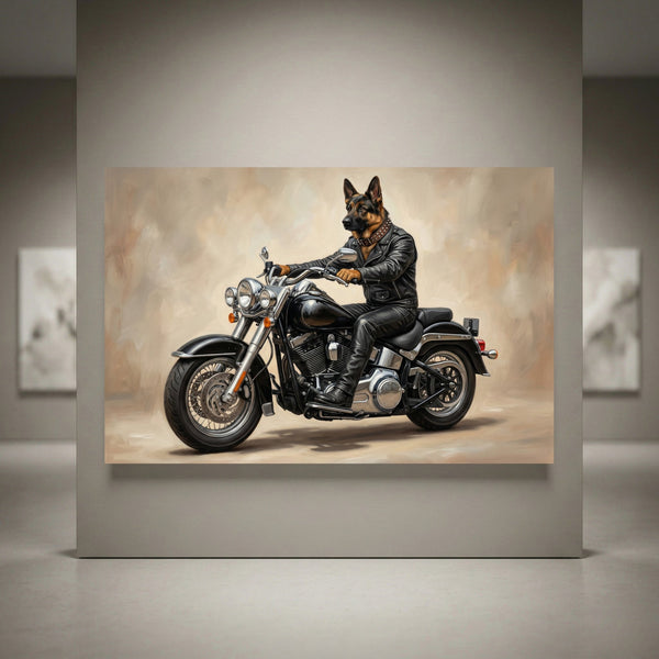 German Shepherd biker dog on motorcycle oil painting style canvas print, wearing leather jacket, unique wall art.