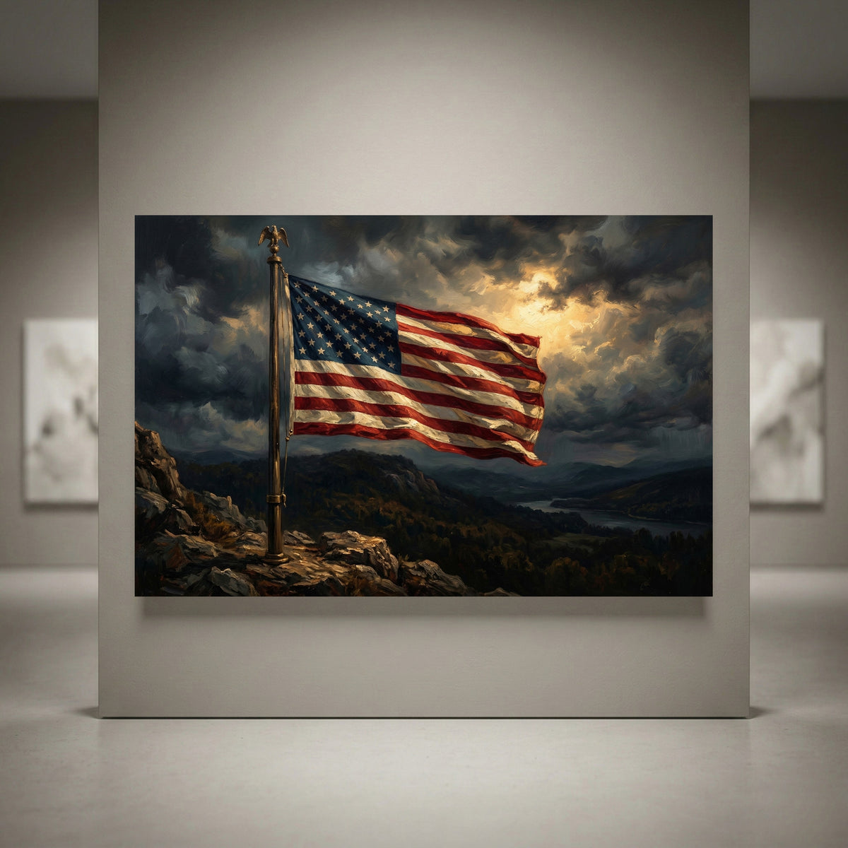 American Flag Mountain Canvas Wall Art, Dramatic Patriotic Landscape Print, Rustic Living Room Decor
