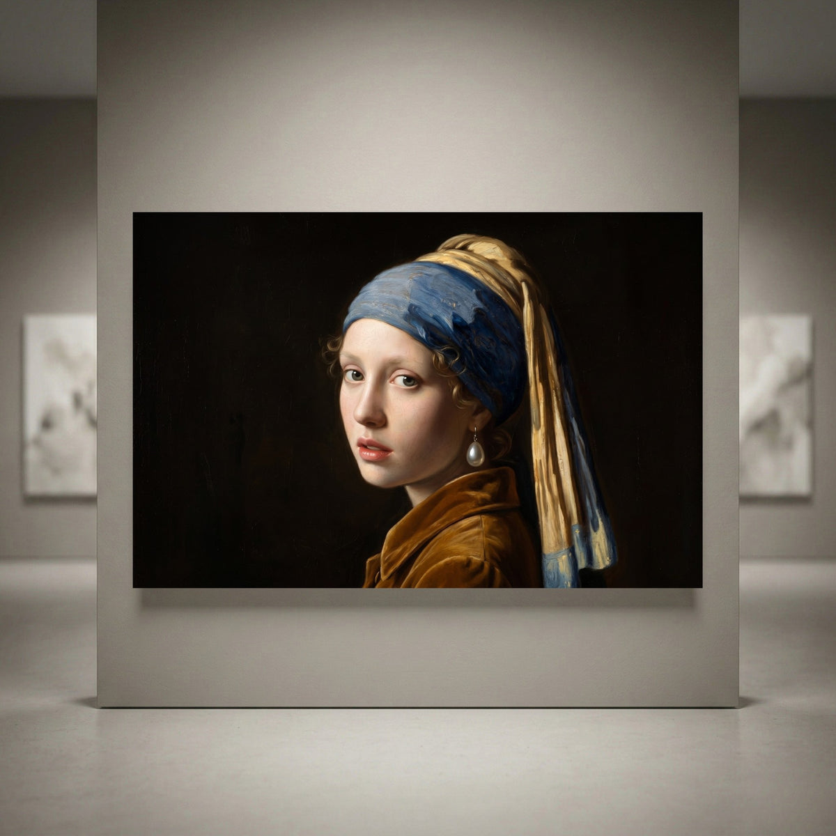 Classic "Girl with a Pearl Earring" oil painting style canvas print, featuring a young woman with a blue and gold headscarf and a pearl earring.
