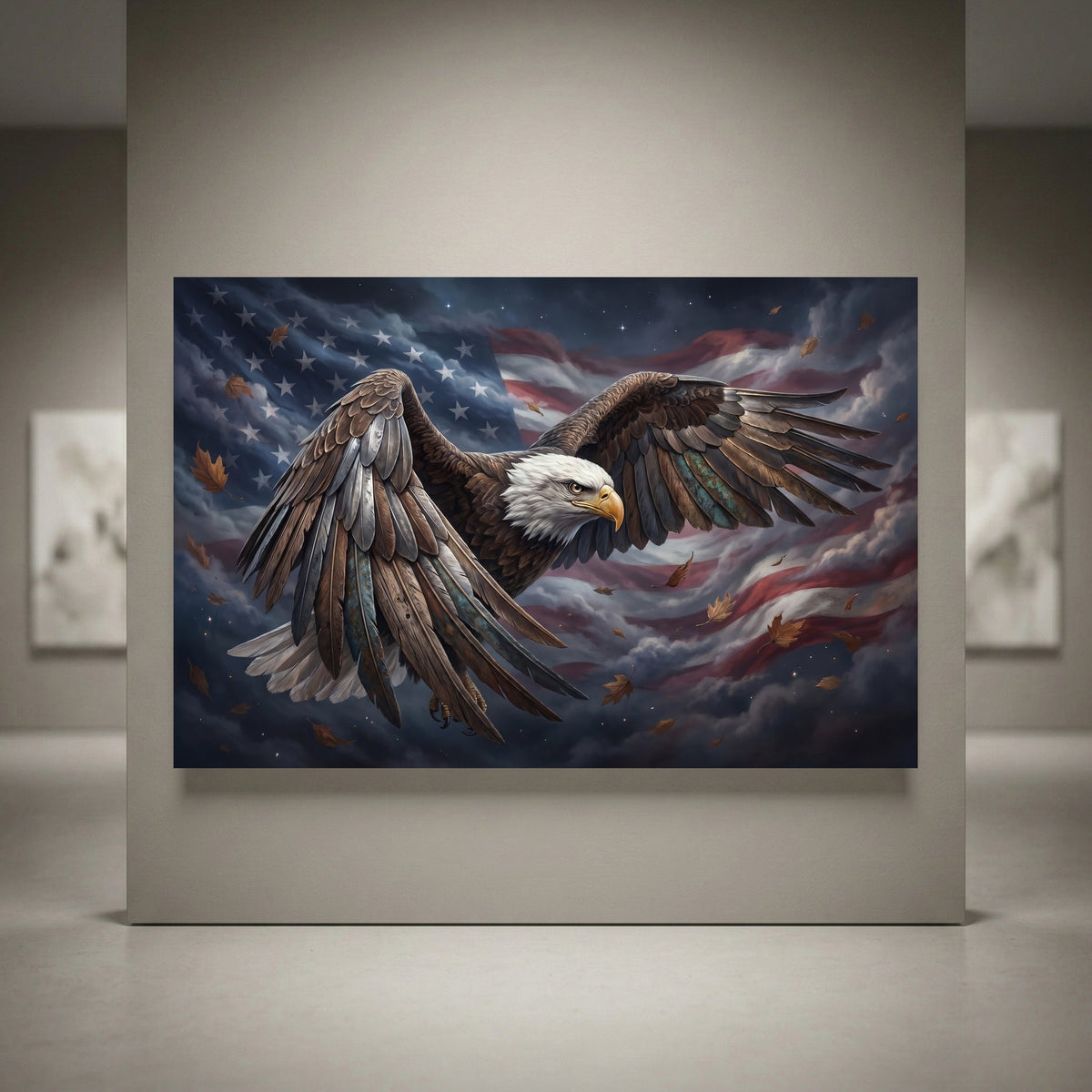 Bald eagle and American flag canvas print, patriotic art with falling leaves, dynamic oil painting style.