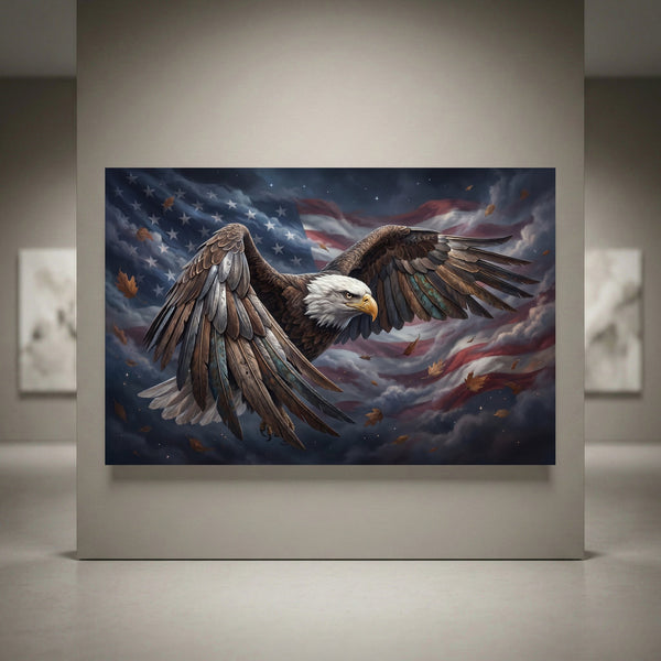Bald eagle and American flag canvas print, patriotic art with falling leaves, dynamic oil painting style.