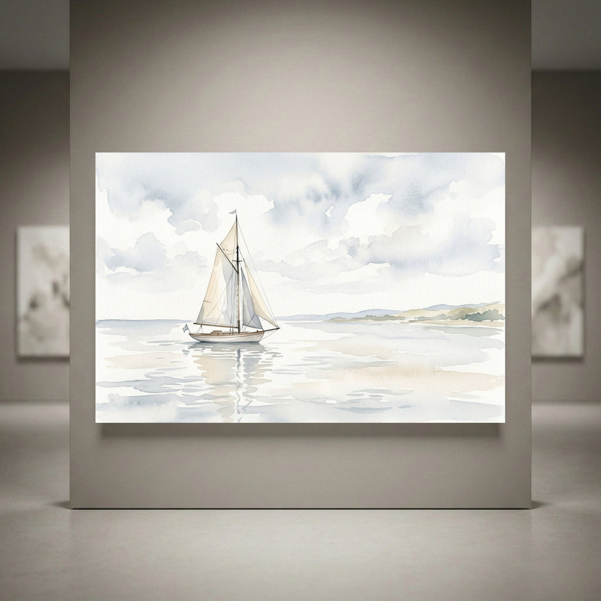 Watercolor style sailboat canvas print art featuring a lone white boat on calm water, cloudy sky, and distant shoreline.