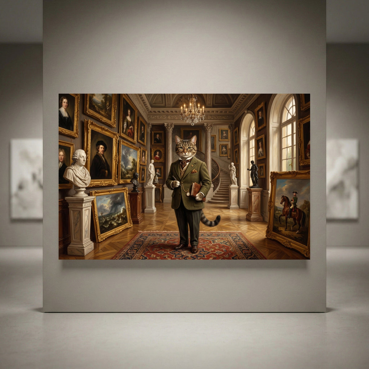 Dapper cat in a green suit and glasses standing in a grand art gallery, classical style canvas print.