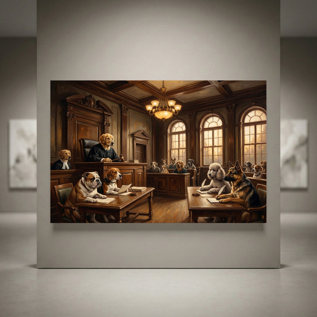 Canine courtroom drama oil painting style canvas print with dog judge, lawyers, and jury in a classic setting.