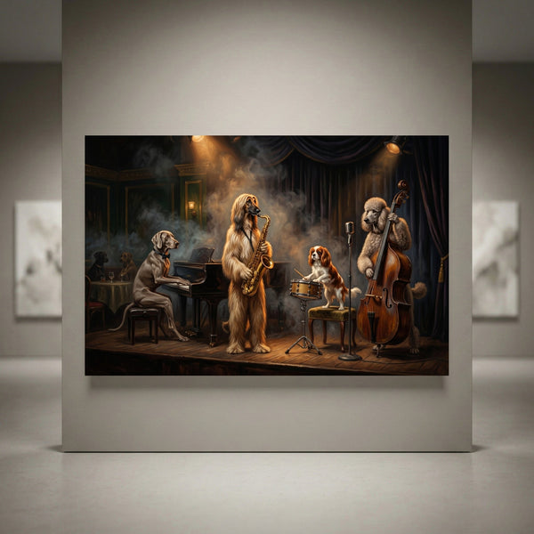 Detailed canvas print of dogs playing jazz instruments: saxophone, piano, drums, upright bass in a smoky, spotlighted club.