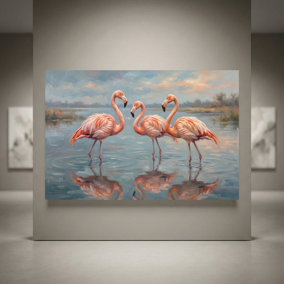 Oil painting style canvas print of three pink flamingos standing in calm water with reflections, soft landscape background.