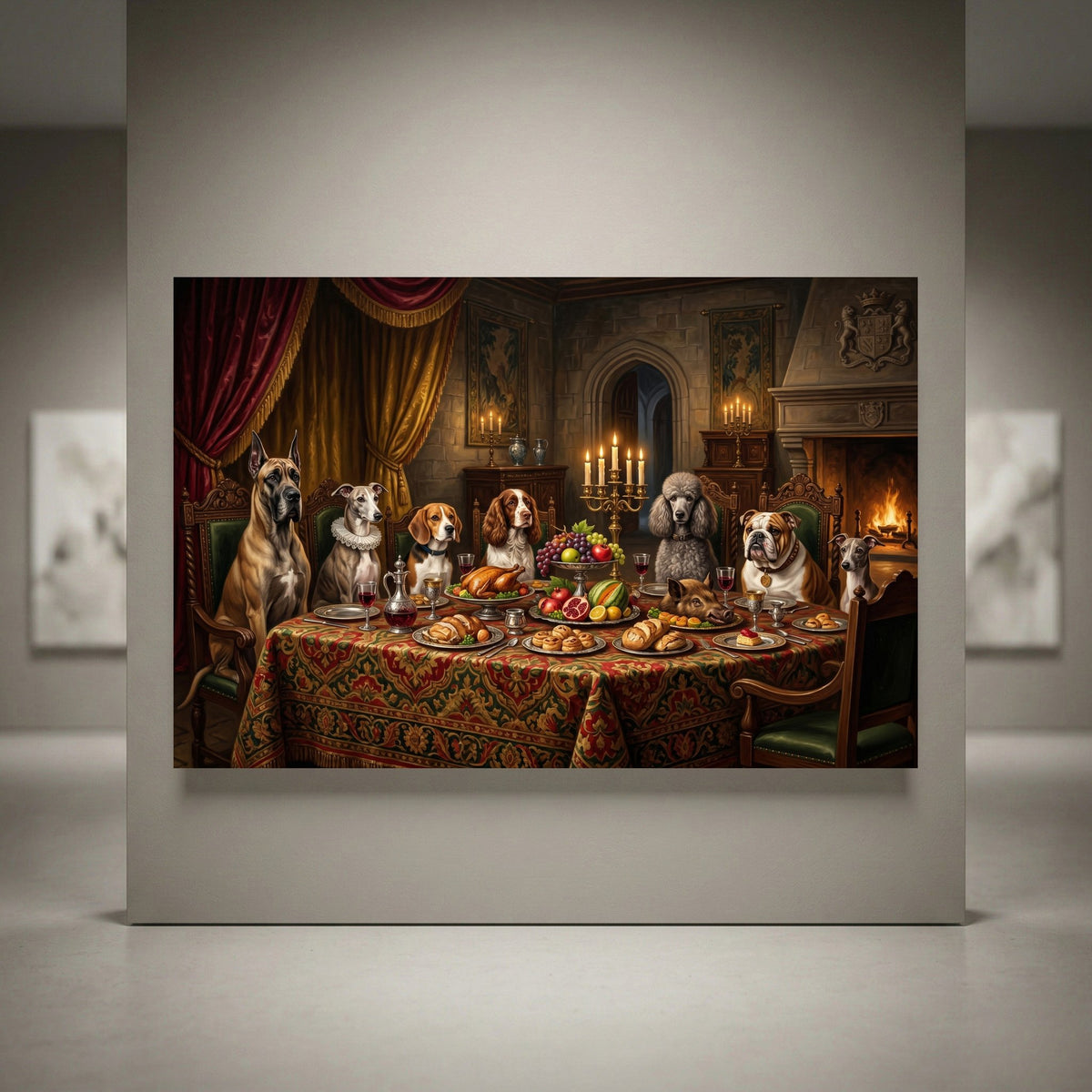 Humorous canvas print of various dog breeds dining at a candlelit table in an old castle, rich oil painting style.