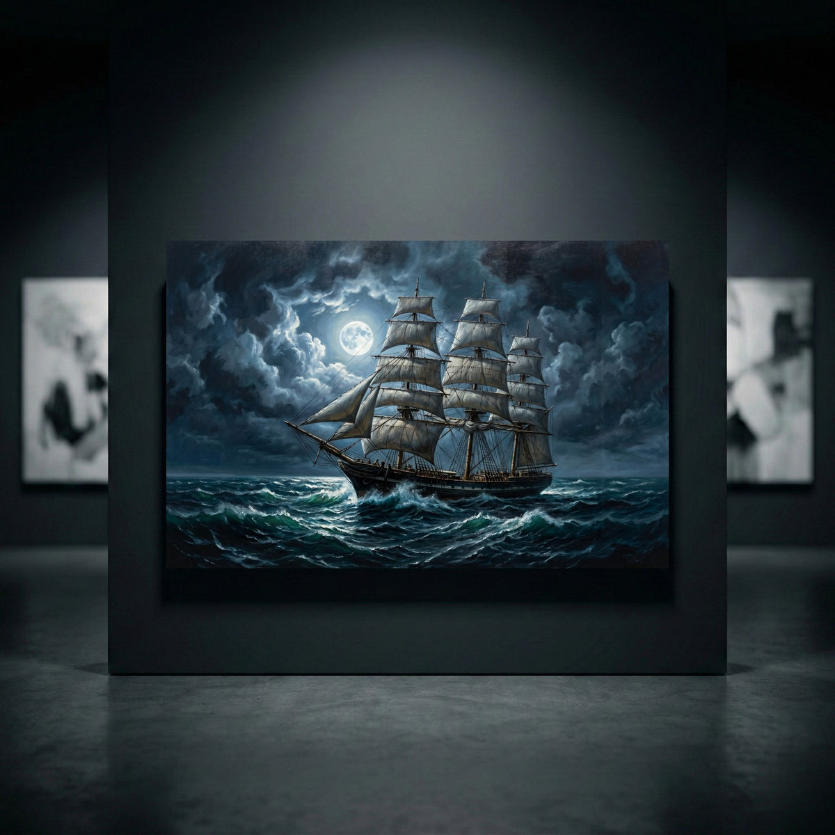 Moonlit tall ship canvas print, dramatic sea, stormy sky, sailing vessel, classic maritime oil painting style art.