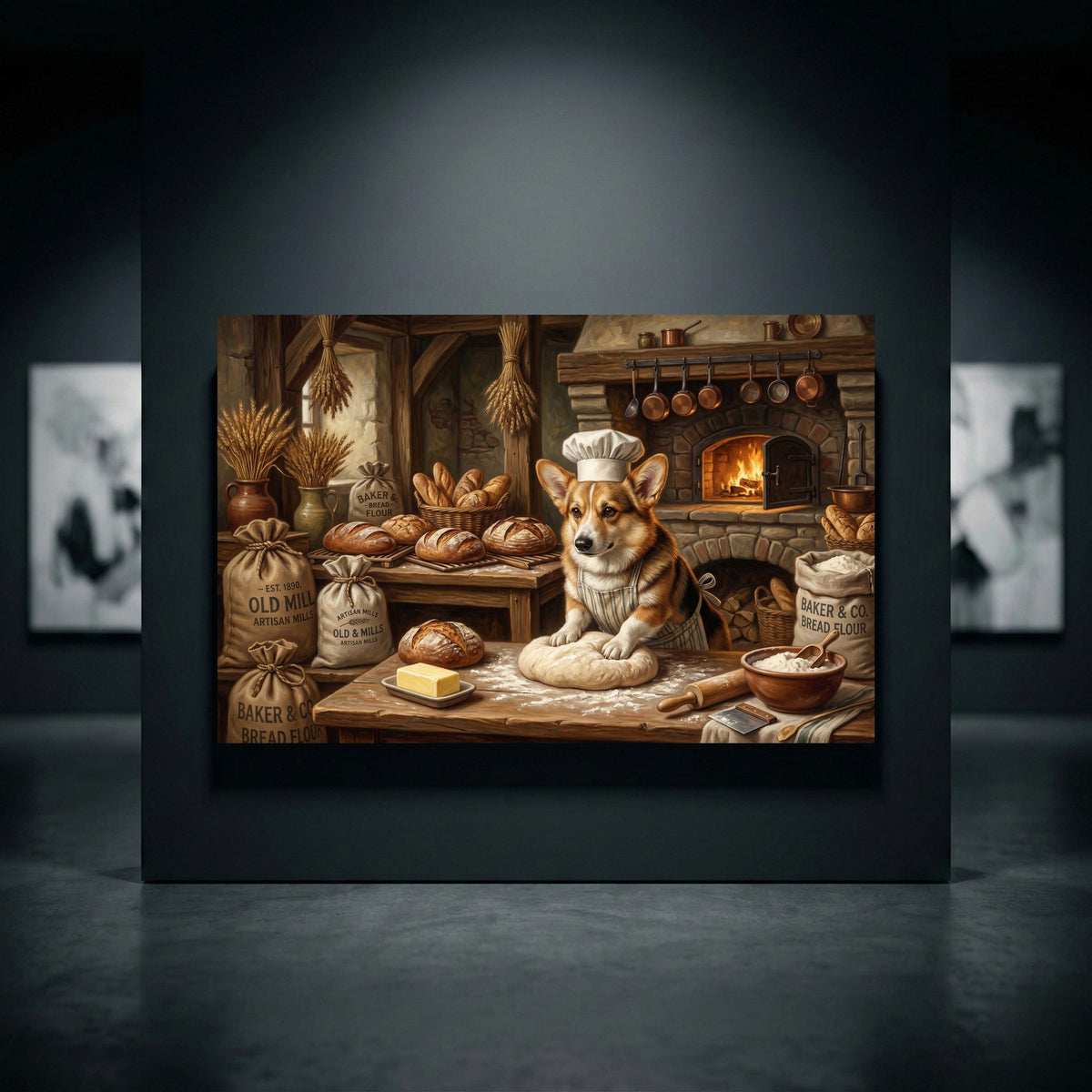 Corgi baker dog kneading dough in a rustic bakery, surrounded by bread, flour, and a warm fireplace, oil painting style canvas print.