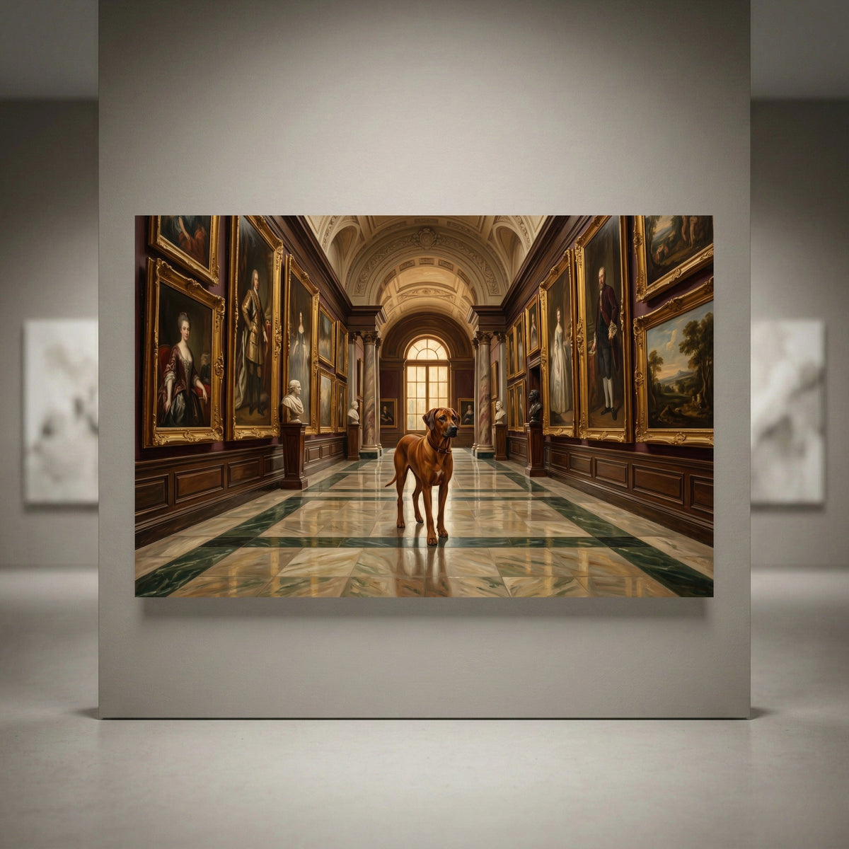 Rhodesian Ridgeback dog in a grand art gallery canvas print, featuring classical portraits and elegant museum architecture.