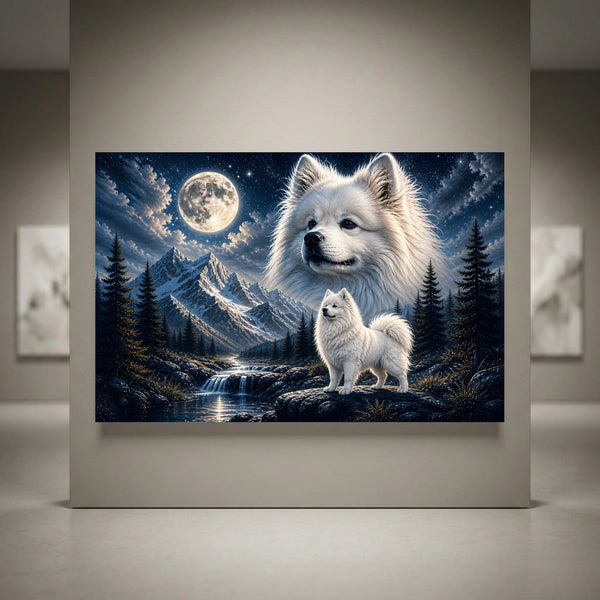 Fluffy white Samoyed dogs canvas print: large dog portrait, small dog on rocks, moonlit mountains, starry sky, waterfall.