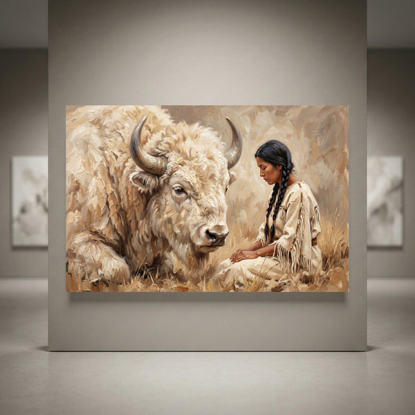 Oil painting style canvas print featuring a majestic white bison and a Native American woman in a field.
