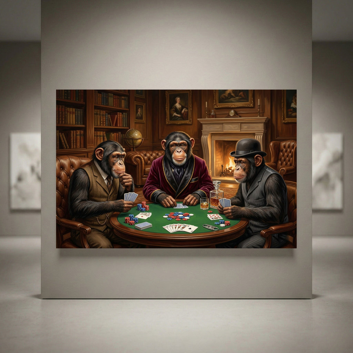 Chimpanzees playing poker canvas print in a classic oil painting style, featuring three dapper chimps at a card table.