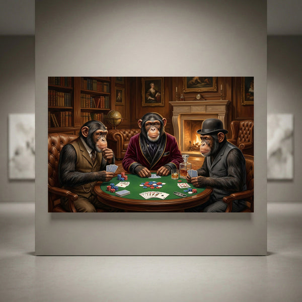 Chimpanzees playing poker canvas print in a classic oil painting style, featuring three dapper chimps at a card table.