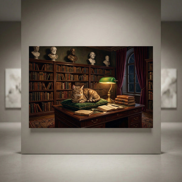 Scholarly tabby cat in a vintage library with books, busts, and a green lamp. Classic oil painting style canvas print.