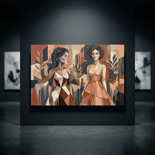 Abstract cubist canvas print featuring two geometric women figures with earthy tones, plant motifs, and drips in a modern gallery.