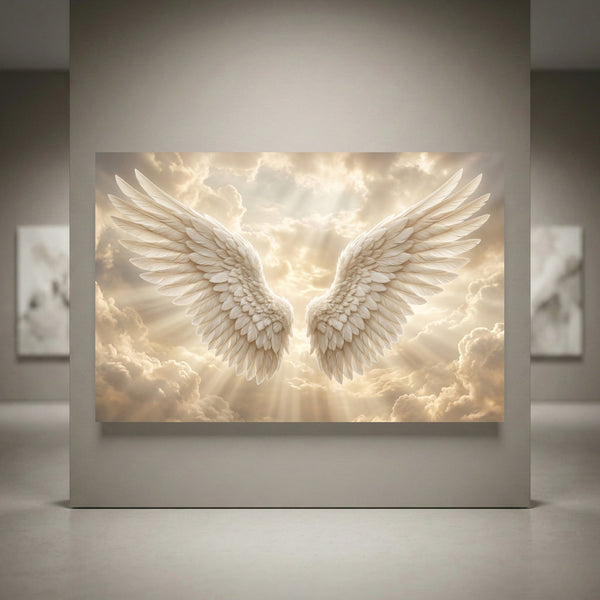 White angelic wings with golden clouds and divine sun rays. Spiritual heaven-themed canvas print wall art.
